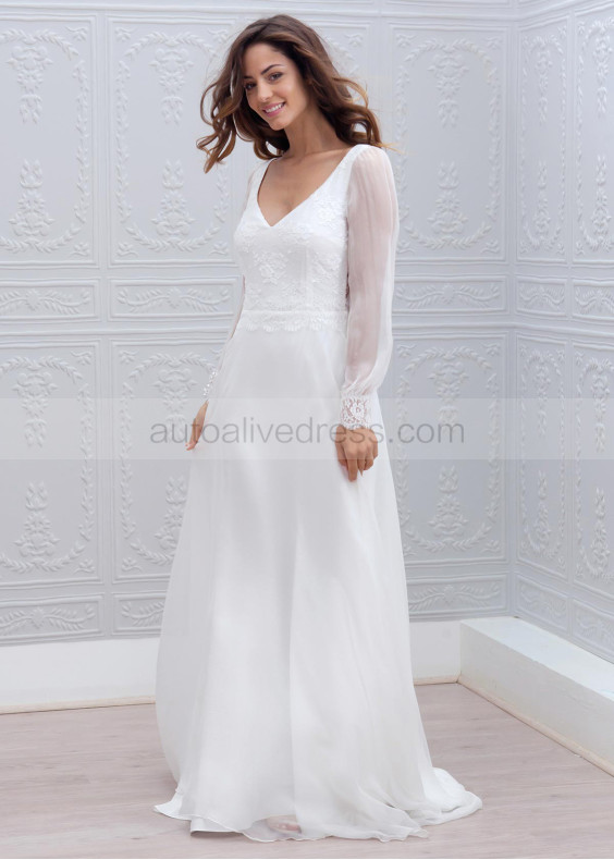 Ivory Lace Chiffon V Neck Keyhole Back Long Sleeves Wedding Dress 